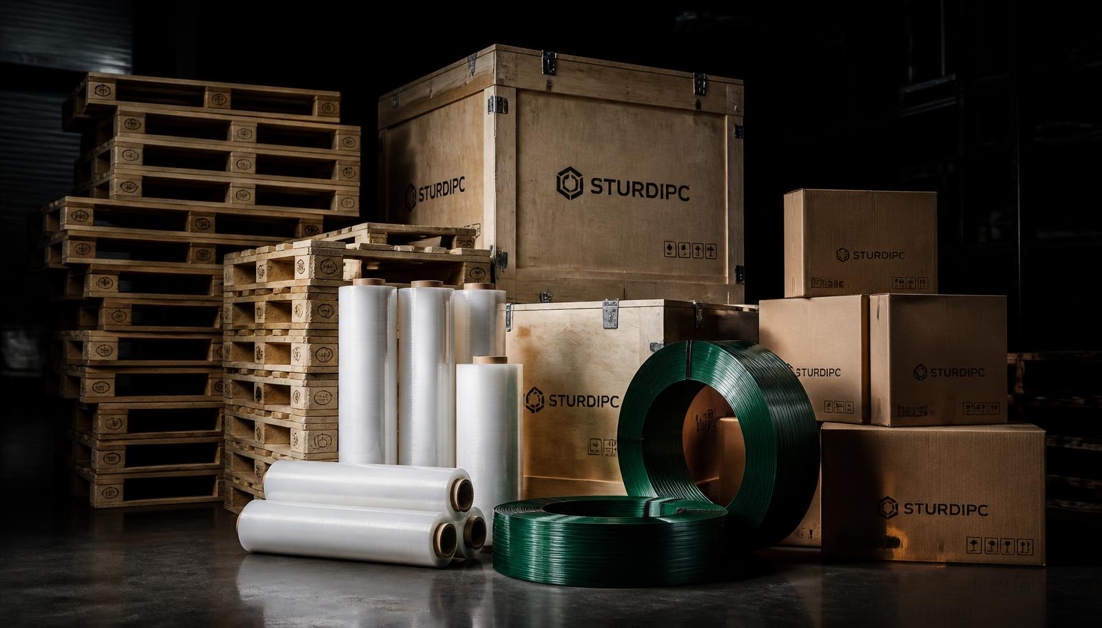 Wooden pallets, crates, stretch film and strapping in an industrial warehouse
